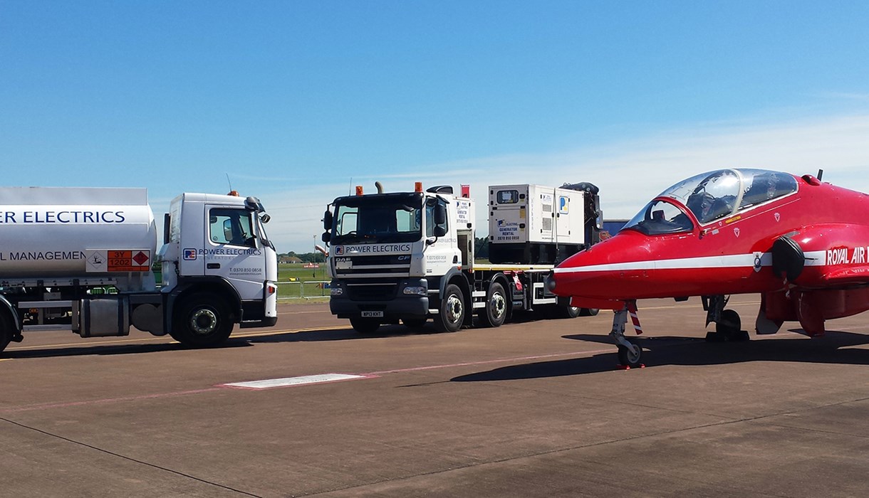 Power Electrics lorry alongside a royal international air tattoo plane