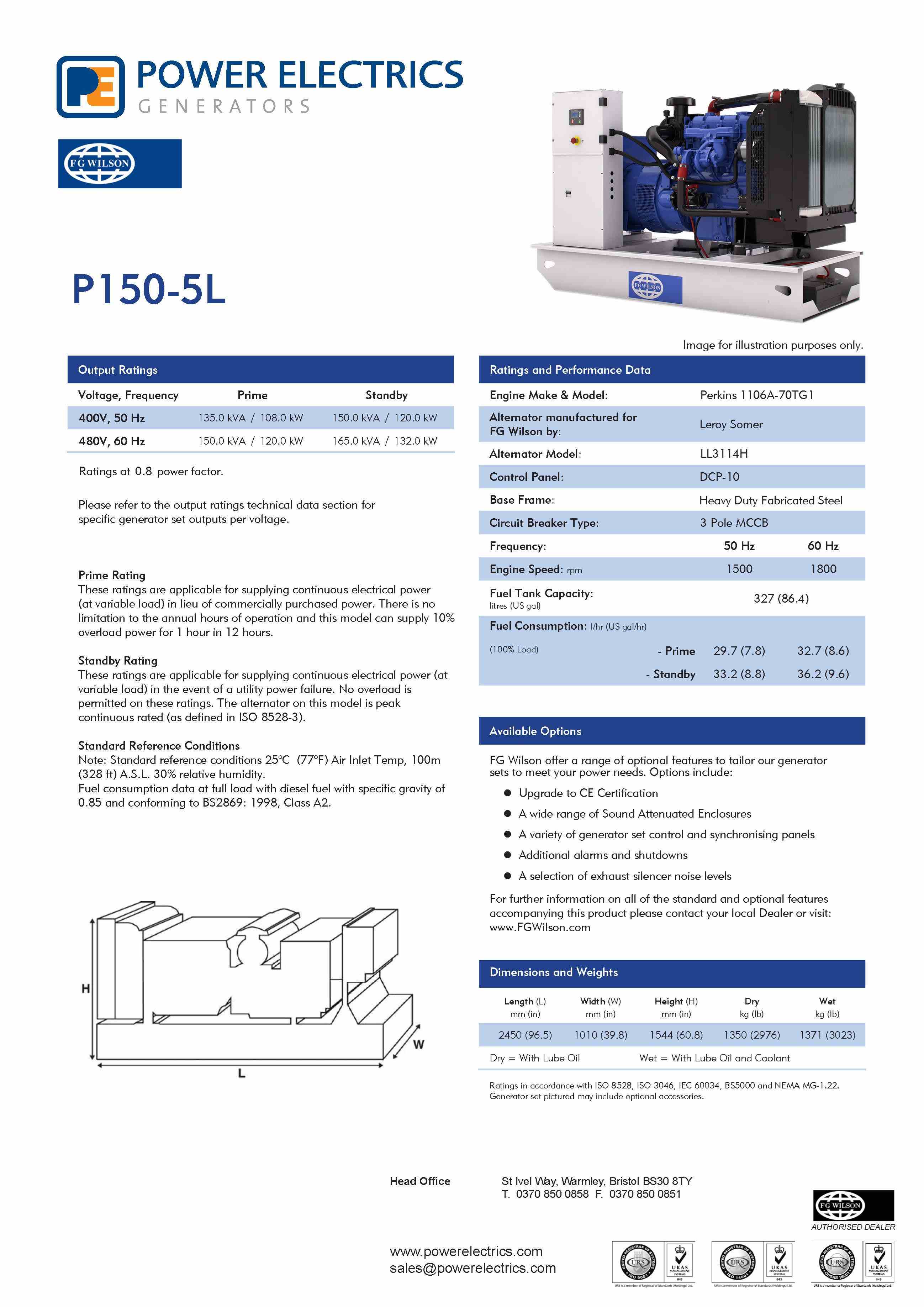 P150-5L generator FG Wilson specification sheet